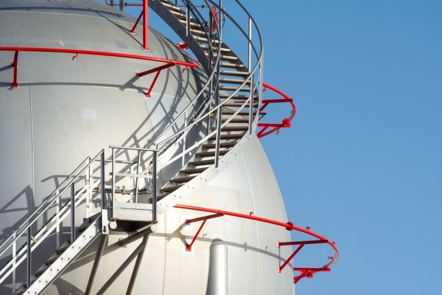 A spherical petroleum storage tank with an access stairway